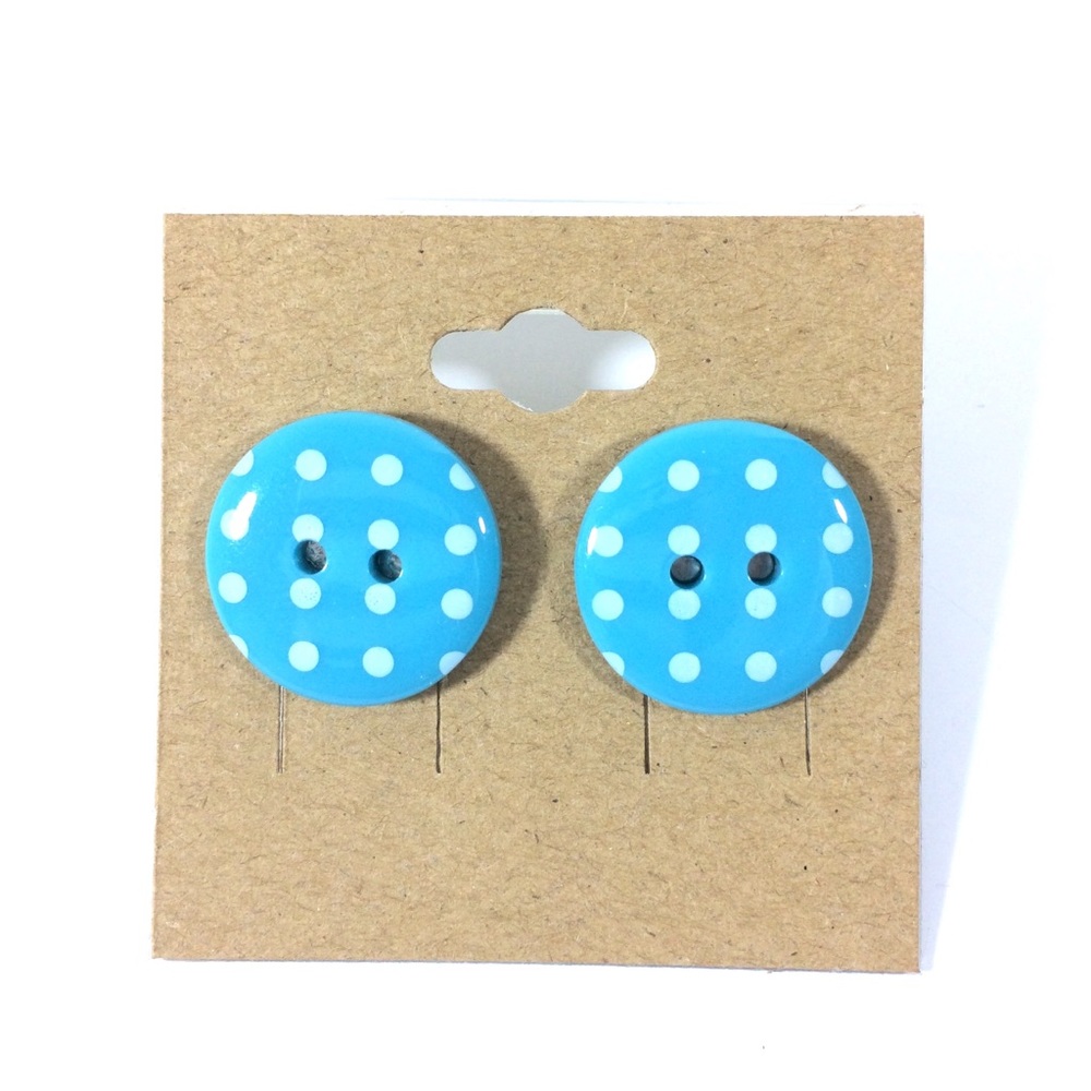 Button Stud Earrings Women Girls Blue White Dots